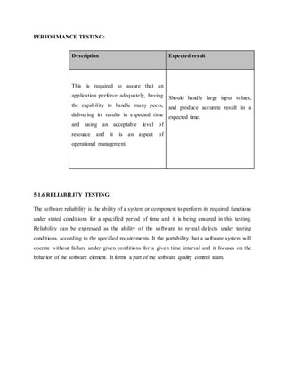 PERFORMANCE TESTING:
5.1.6 RELIABILITY TESTING:
The software reliability is the ability of a system or component to perform its required functions
under stated conditions for a specified period of time and it is being ensured in this testing.
Reliability can be expressed as the ability of the software to reveal defects under testing
conditions, according to the specified requirements. It the portability that a software system will
operate without failure under given conditions for a given time interval and it focuses on the
behavior of the software element. It forms a part of the software quality control team.
Description Expected result
This is required to assure that an
application perforce adequately, having
the capability to handle many peers,
delivering its results in expected time
and using an acceptable level of
resource and it is an aspect of
operational management.
Should handle large input values,
and produce accurate result in a
expected time.
 