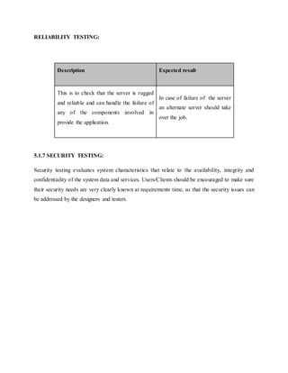 RELIABILITY TESTING:
Description Expected result
This is to check that the server is rugged
and reliable and can handle the failure of
any of the components involved in
provide the application.
In case of failure of the server
an alternate server should take
over the job.
5.1.7 SECURITY TESTING:
Security testing evaluates system characteristics that relate to the availability, integrity and
confidentiality of the system data and services. Users/Clients should be encouraged to make sure
their security needs are very clearly known at requirements time, so that the security issues can
be addressed by the designers and testers.
 