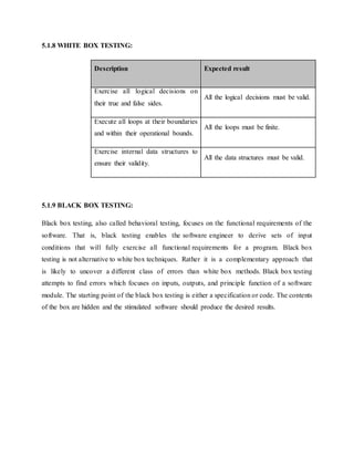 5.1.8 WHITE BOX TESTING:
5.1.9 BLACK BOX TESTING:
Black box testing, also called behavioral testing, focuses on the functional requirements of the
software. That is, black testing enables the software engineer to derive sets of input
conditions that will fully exercise all functional requirements for a program. Black box
testing is not alternative to white box techniques. Rather it is a complementary approach that
is likely to uncover a different class of errors than white box methods. Black box testing
attempts to find errors which focuses on inputs, outputs, and principle function of a software
module. The starting point of the black box testing is either a specification or code. The contents
of the box are hidden and the stimulated software should produce the desired results.
Description Expected result
Exercise all logical decisions on
their true and false sides.
All the logical decisions must be valid.
Execute all loops at their boundaries
and within their operational bounds.
All the loops must be finite.
Exercise internal data structures to
ensure their validity.
All the data structures must be valid.
 