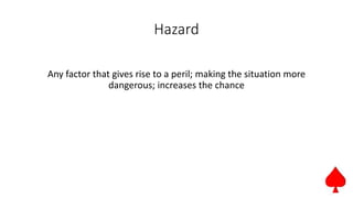 Hazard
Any factor that gives rise to a peril; making the situation more
dangerous; increases the chance
 