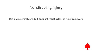 Nondisabling injury
Requires medical care, but does not result in loss of time from work
 