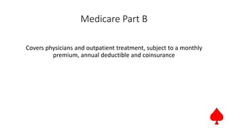 Medicare Part B
Covers physicians and outpatient treatment, subject to a monthly
premium, annual deductible and coinsurance
 