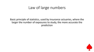 Law of large numbers
Basic principle of statistics, used by insurance actuaries, where the
larger the number of exposures to study, the more accurate the
prediction
 