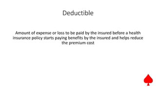 Deductible
Amount of expense or loss to be paid by the insured before a health
insurance policy starts paying benefits by the insured and helps reduce
the premium cost
 