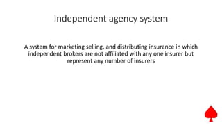 Independent agency system
A system for marketing selling, and distributing insurance in which
independent brokers are not affiliated with any one insurer but
represent any number of insurers
 