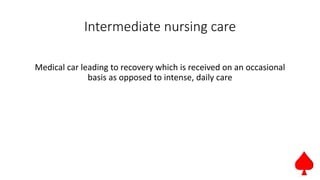 Intermediate nursing care
Medical car leading to recovery which is received on an occasional
basis as opposed to intense, daily care
 