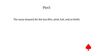 Peril
The cause (reason) for the loss (fire, wind, hail, and so forth)
 