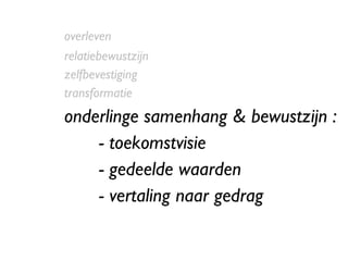 overleven relatiebewustzijn zelfbevestiging transformatie onderlinge samenhang & bewustzijn : - toekomstvisie - gedeelde waarden - vertaling naar gedrag 