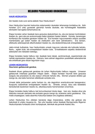 HELBURU PEDAGOGIKO OROKORRAK
HAUR HEZKUNTZA
Zer ikasten dute zure seme-alabek Haur Hezkuntzan?
Haur Hezkuntza haurrek hezkuntza sistemarekin daukaten lehenengo kontaktua da. Adin
honetan (2-5 urte) gurasoek garrantzi handia daukate, eta horretxegatik Ikastolako
ekintzekin bat egitea beharrezkoa da.
Etapa honetan zehar ikasleak bere gorputza deskubritzen du, eta era berean kontrolatzen
ikasten du, gero eta era autonomoago batez jokatzen hasten delarik. Horrela, berarengan
konfiantza eta iniziatiba garatzen hasten da. Era honetan ingurunearekin erlazio sozialak
mantentzeko gai izaten hasten da (helduekin zein bere adinekoekin). Era berean,
afektuzko adierazpenak elkartrukatzen ikasten du, eta desberdintasunak errespetatzen.
Jakin-minak bultzatuta, haur hezkuntzako umeek ingurune naturala eta kulturala behatu,
ikertu... egiten dute, eta errespetatzen ikasten dute. Errealitatearen aspektu desberdinak
adierazten ere irakasten dizkiegu.
Etapa honetako beste helburu bat, ikasleak bere ideiak, sentimenduak, esperientziak eta
nahiak espresatzen ikastea da. Gainera, bere adinari dagozkion posibilitate adierazkorrak
eta artistikoak gara ditzan laguntzen dugu.
LEHEN HEZKUNTZA
Haurraren gaitasunak garatuz.
Ikasleak dituen gaitasunak garatzea da Lehen Hezkuntzako helburu nagusia. Umearen
gaitasunak indartzea gizartean integra dadin. Etapa honetan haurrak bere gorputza
ezagutu eta preziatuko du eta osasun ohiturak hartuko ditu. Ekimen propioei ekiteko gai
izango da, eta baita harreman afektiboak sortzeko ere.
Umeak talde jardueretan parte hartzen du, eta dagozkion erantzukizunak bereganatuz,
ikuspuntu ezberdinak errespetatzen ikasten du. Sineste, arraza, sexu edo bestelako
bereizkeriak baztertzen ikasiko du, elkartasunezko harremanetan oinarrituta.
Etapa honetako beste helburu bat komunikazioari lotuta dago. Izan ere, ikaslea ahoz eta
idatzizko mezuak ulertzeko eta sortzeko gauza izango da, euskaraz nahiz gazteleraz. Eta,
maila sinpleagoan, baita atzerriko hizkuntza batean ere (ingelesa adibidez).
Lehen Hezkuntza hiru ziklotan banatuta dago (hasierakoa, erdiko eta goikoa) eta
bakoitzak bi urteko iraupena du. Sei urte hauetan zehar ikasleak Derrigorrezko Bigarren
Hezkuntzarako funtsezko diren kontzeptuak, teknikak eta jarrerak ikasiko ditu.
 