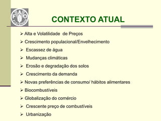 CONTEXTO ATUAL
 Alta e Volatilidade de Preços
 Crescimento populacional/Envelhecimento
 Escassez de água
 Mudanças climáticas
 Erosão e degradação dos solos
 Crescimento da demanda
 Novas preferências de consumo/ hábitos alimentares
 Biocombustíveis
 Globalização do comércio
 Crescente preço de combustíveis
 Urbanização
 