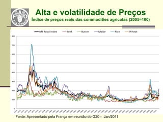 Alta e volatilidade de Preços
               Índice de preços reais das commodities agrícolas (2005=100)

                   IMF food Index   Beef   Butter    Maize     Rice   Wheat
800




700




600




500




400




300




200




100




  0



      Fonte: Apresentado pela França em reunião do G20 - Jan/2011
 