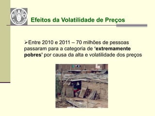 Efeitos da Volatilidade de Preços


Entre 2010 e 2011 – 70 milhões de pessoas
passaram para a categoria de „extremamente
pobres‟ por causa da alta e volatilidade dos preços
 