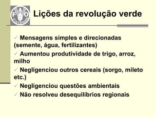 Lições da revolução verde

 Mensagens simples e direcionadas
(semente, água, fertilizantes)
 Aumentou produtividade de trigo, arroz,
milho
 Negligenciou outros cereais (sorgo, mileto
etc.)
 Negligenciou questões ambientais
 Não resolveu desequilíbrios regionais
 