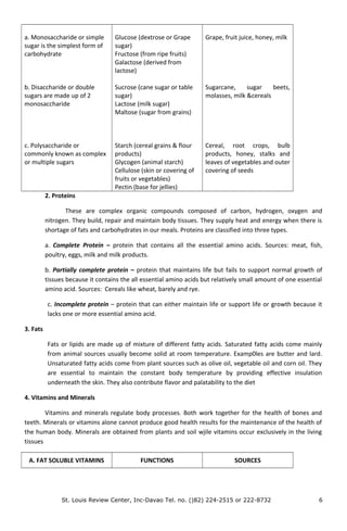 a. Monosaccharide or simple
sugar is the simplest form of
carbohydrate
b. Disaccharide or double
sugars are made up of 2
monosaccharide
c. Polysaccharide or
commonly known as complex
or multiple sugars
Glucose (dextrose or Grape
sugar)
Fructose (from ripe fruits)
Galactose (derived from
lactose)
Sucrose (cane sugar or table
sugar)
Lactose (milk sugar)
Maltose (sugar from grains)
Starch (cereal grains & flour
products)
Glycogen (animal starch)
Cellulose (skin or covering of
fruits or vegetables)
Pectin (base for jellies)
Grape, fruit juice, honey, milk
Sugarcane, sugar beets,
molasses, milk &cereals
Cereal, root crops, bulb
products, honey, stalks and
leaves of vegetables and outer
covering of seeds
2. Proteins
These are complex organic compounds composed of carbon, hydrogen, oxygen and
nitrogen. They build, repair and maintain body tissues. They supply heat and energy when there is
shortage of fats and carbohydrates in our meals. Proteins are classified into three types.
a. Complete Protein – protein that contains all the essential amino acids. Sources: meat, fish,
poultry, eggs, milk and milk products.
b. Partially complete protein – protein that maintains life but fails to support normal growth of
tissues because it contains the all essential amino acids but relatively small amount of one essential
amino acid. Sources: Cereals like wheat, barely and rye.
c. Incomplete protein – protein that can either maintain life or support life or growth because it
lacks one or more essential amino acid.
3. Fats
Fats or lipids are made up of mixture of different fatty acids. Saturated fatty acids come mainly
from animal sources usually become solid at room temperature. Examp0les are butter and lard.
Unsaturated fatty acids come from plant sources such as olive oil, vegetable oil and corn oil. They
are essential to maintain the constant body temperature by providing effective insulation
underneath the skin. They also contribute flavor and palatability to the diet
4. Vitamins and Minerals
Vitamins and minerals regulate body processes. Both work together for the health of bones and
teeth. Minerals or vitamins alone cannot produce good health results for the maintenance of the health of
the human body. Minerals are obtained from plants and soil wjile vitamins occur exclusively in the living
tissues
A. FAT SOLUBLE VITAMINS FUNCTIONS SOURCES
St. Louis Review Center, Inc-Davao Tel. no. ()82) 224-2515 or 222-8732 6
 