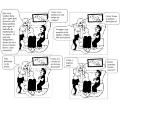 Como era a
Que uma
mulher dizia      política no seu
                                              Quais festas
                  tempo de
que o gato dela                               a senhora
                  criança?
pescava e ela                                 participava?
dizia também
que o gato ia
todo dia de            Na época era
manhã para o           assunto só de
rio pescar. O          adulto, criança
gato até               não participava.
mergulhava
dentro do rio e
levava muitos
peixes para
comerem!


 Não              Como era
                                    Calça e
 participa        a moda no                    Quais
                                    jaqueta
 va de            seu tempo                    cantores
                                    jeans
 festas.          de jovem?                    faziam
                                               sucesso?
                                               .
 