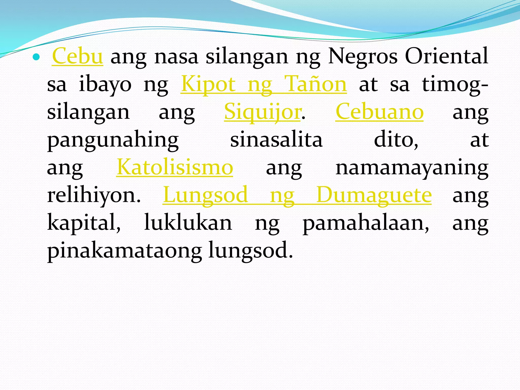     Cebu ang nasa silangan ng Negros Oriental
    sa ibayo ng Kipot ng Tañon at sa timog-
    silangan ang Siquijor. Cebuano ang
    pangunahing       sinasalita   dito,    at
    ang Katolisismo ang namamayaning
    relihiyon. Lungsod ng Dumaguete ang
    kapital, luklukan ng pamahalaan, ang
    pinakamataong lungsod.
 
