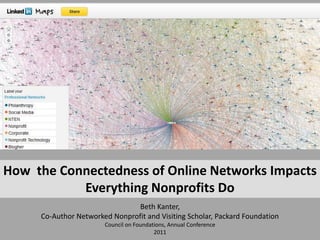 How  the Connectedness of Online Networks Impacts  Everything Nonprofits Do Beth Kanter, Co-Author Networked Nonprofit and Visiting Scholar, Packard Foundation Council on Foundations, Annual Conference2011 