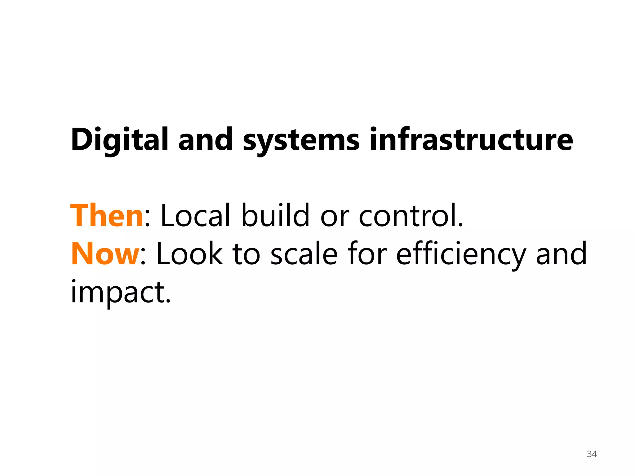 Digital and systems infrastructure
Then: Local build or control.
Now: Look to scale for efficiency and
impact.

34

 