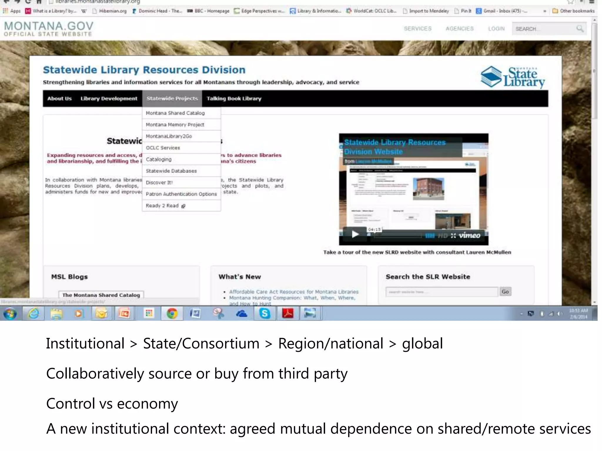 Institutional > State/Consortium > Region/national > global
Collaboratively source or buy from third party
Control vs economy
A new institutional context: agreed mutual dependence on shared/remote services

 
