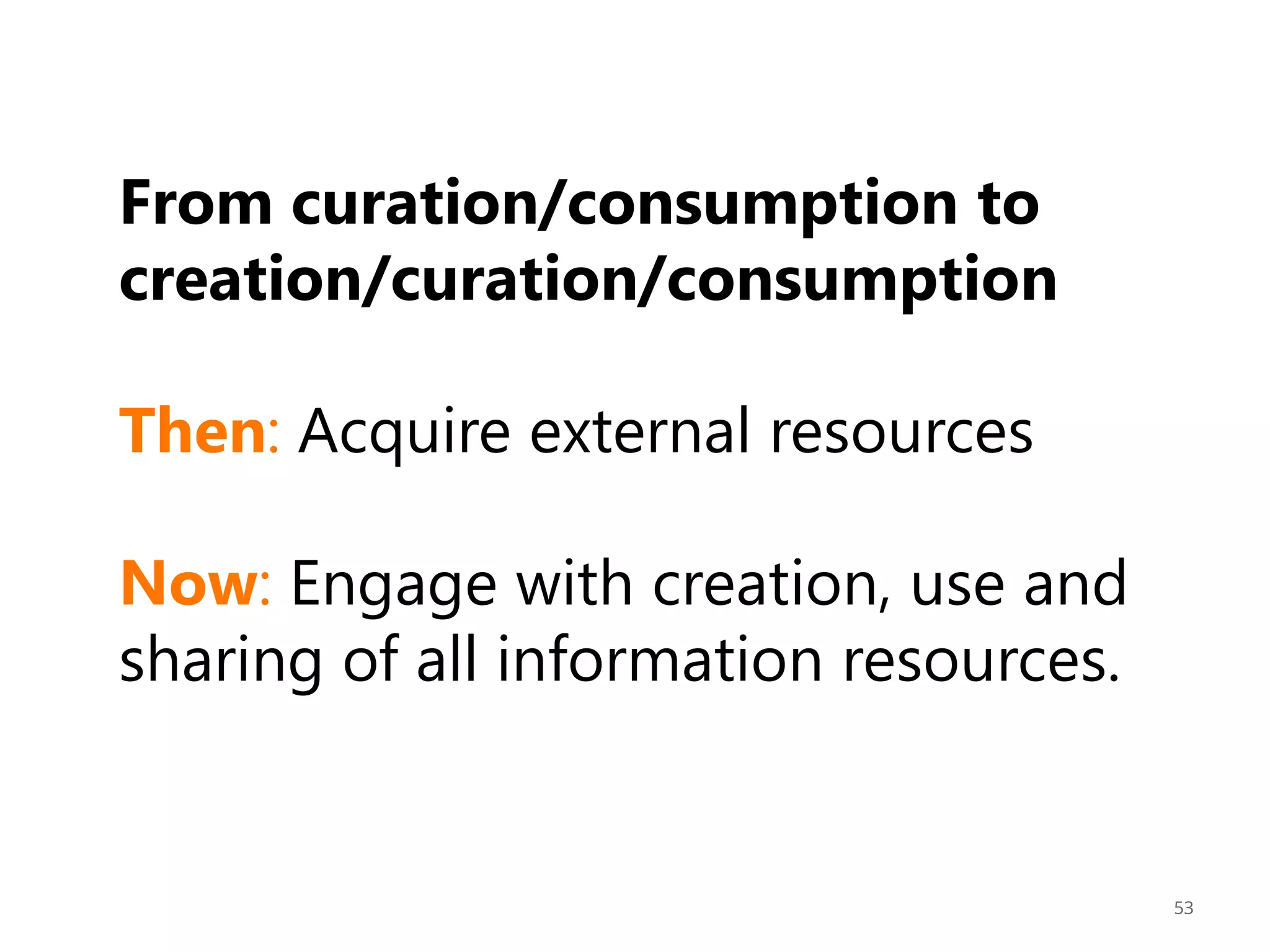 From curation/consumption to
creation/curation/consumption
Then: Acquire external resources
Now: Engage with creation, use and
sharing of all information resources.

53

 
