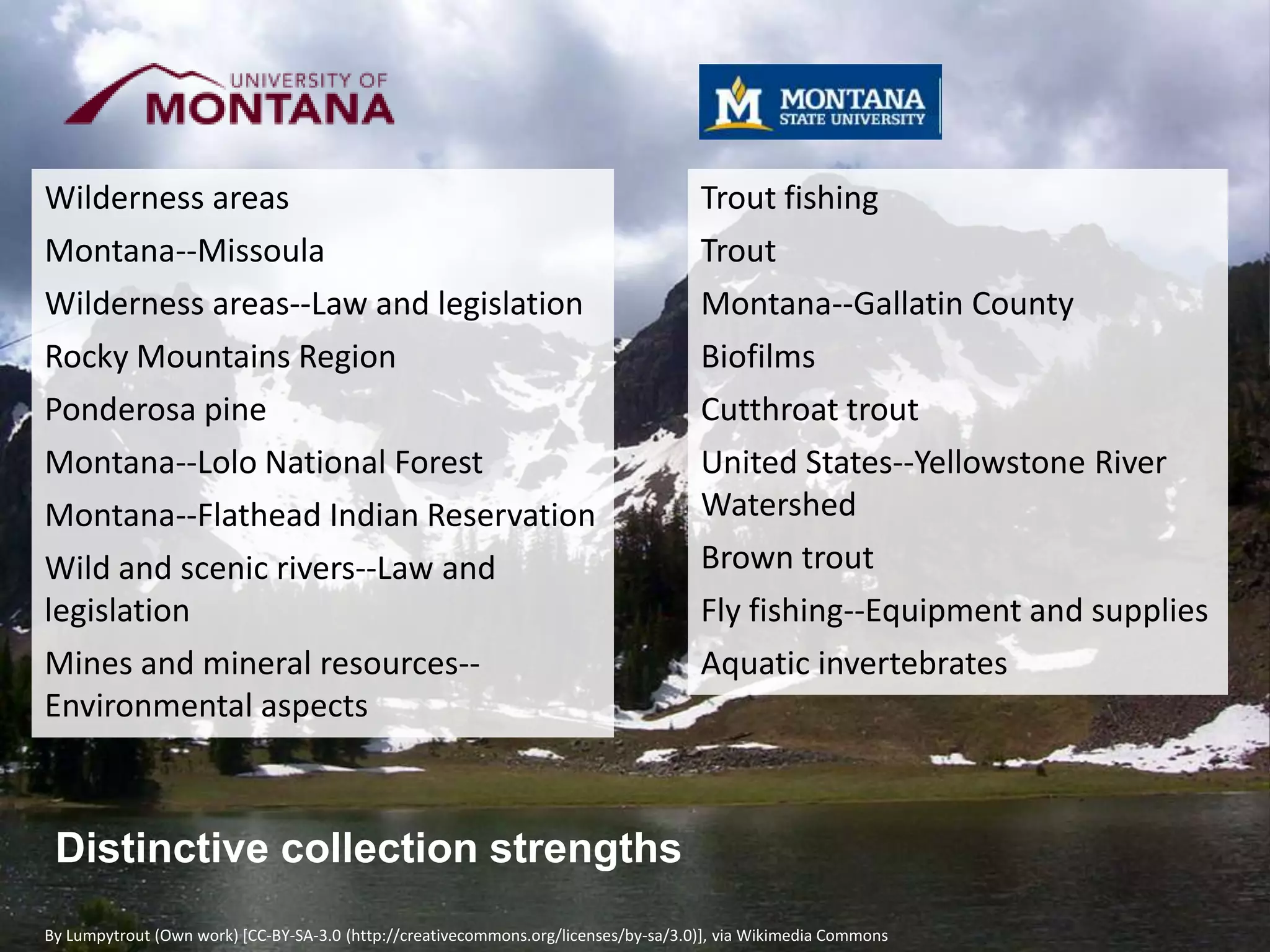 Wilderness areas
Montana--Missoula
Wilderness areas--Law and legislation
Rocky Mountains Region
Ponderosa pine
Montana--Lolo National Forest
Montana--Flathead Indian Reservation
Wild and scenic rivers--Law and
legislation
Mines and mineral resources-Environmental aspects

Trout fishing
Trout
Montana--Gallatin County
Biofilms
Cutthroat trout
United States--Yellowstone River
Watershed
Brown trout
Fly fishing--Equipment and supplies
Aquatic invertebrates

Distinctive collection strengths
By Lumpytrout (Own work) [CC-BY-SA-3.0 (http://creativecommons.org/licenses/by-sa/3.0)], via Wikimedia Commons

 