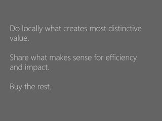 Do locally what creates most distinctive
value.
Share what makes sense for efficiency
and impact.
Buy the rest.

 