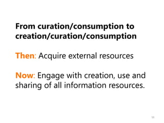 From curation/consumption to
creation/curation/consumption
Then: Acquire external resources
Now: Engage with creation, use and
sharing of all information resources.

53

 