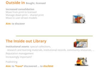 Outside in Bought, licensed
Increased consolidation
Move from print to licensed
Manage down print – shared print
Move to user-driven models

Aim: to discover

The Inside out Library
Institutional assets: special collections,
research and learning materials, institutional records, community resources, …
Reputation management
Increasingly important?
Publishing
Aim: to *have* discovered … to disclose

 