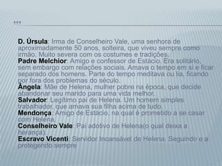 ...
D. Úrsula: Irma de Conselheiro Vale, uma senhora de
aproximadamente 50 anos, solteira, que viveu sempre como
irmão. Muito severa com os costumes e tradições.
Padre Melchior: Amigo e confessor de Estácio. Era solitário,
sem embargo com relações sociais. Amava o tempo em si e ficar
separado dos homens. Parte do tempo meditava ou lia, ficando
por fora dos problemas do século.
Ângela: Mãe de Helena, mulher pobre na época, que decide
abandonar seu marido para uma vida melhor.
Salvador: Legítimo pai de Helena. Um homem simples
trabalhador, que amava sua filha acima de tudo.
Mendonça: Amigo de Estácio, na qual é prometido a se casar
com Helena.
Conselheiro Vale: Pai adotivo de Helena(o qual deixa a
herança).
Escravo Vicenti: Servidor Incansável de Helena. Seguindo e a
protegendo sempre
 