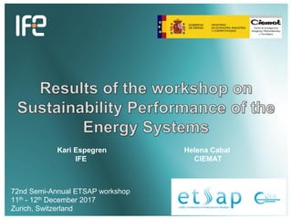 72nd Semi-Annual ETSAP workshop
11th - 12th December 2017
Zurich, Switzerland
Helena Cabal
CIEMAT
Kari Espegren
IFE
 
