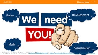 | 28Elsevier Labs
Policy
Math
Visualization
Development
For open positions: Patrick Irwin (p.irwin.1@elsevier.com), https://www.elsevier.com/about/careers/technology-careers
 