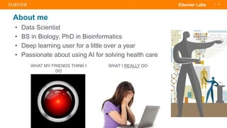 | 5Elsevier Labs
About me
• Data Scientist
• BS in Biology, PhD in Bioinformatics
• Deep learning user for a little over a year
• Passionate about using AI for solving health care
WHAT MY FRIENDS THINK I
DO
WHAT I REALLY DO
 