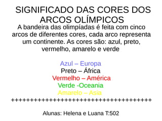 Alunas: Helena e Luana T:502
A bandeira das olimpíadas e feita com cinco
arcos de diferentes cores, cada arco representa
um continente. As cores são: azul, preto,
vermelho, amarelo e verde
Azul – Europa
Preto – África
Vermelho – América
Verde -Oceania
Amarelo – Asia
+++++++++++++++++++++++++++++++++++++
A bandeira das olimpíadas é feita com cinco
arcos de diferentes cores, cada arco representa
um continente. As cores são: azul, preto,
vermelho, amarelo e verde
Azul – Europa
Preto – África
Vermelho – América
Verde -Oceania
Amarelo – Asia
+++++++++++++++++++++++++++++++++++++
SIGNIFICADO DAS CORES DOS
ARCOS OLÍMPICOS
 