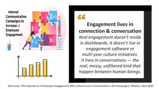 Engagement lives in
connection & conversation
Real engagement doesn’t reside
in dashboards. It doesn’t live in
engagement software or
multi-year culture initiatives.
It lives in conversations — the
real, messy, unfiltered kind that
happen between human beings.
Kyle Jones “The Importance of Employee Engagement: Why Culture Lives in Conversations, Not Campaigns”, Medium, April 2025
Graphic by
Springboard
 