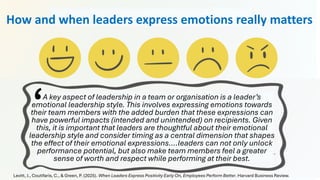 How and when leaders express emotions really matters
A key aspect of leadership in a team or organisation is a leader’s
emotional leadership style. This involves expressing emotions towards
their team members with the added burden that these expressions can
have powerful impacts (intended and unintended) on recipients. Given
this, it is important that leaders are thoughtful about their emotional
leadership style and consider timing as a central dimension that shapes
the effect of their emotional expressions….leaders can not only unlock
performance potential, but also make team members feel a greater
sense of worth and respect while performing at their best.
Levitt, J., Coutifaris, C., & Green, P. (2025). When Leaders Express Positivity Early On, Employees Perform Better. Harvard Business Review.
‘
 