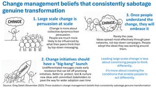 Change management beliefs that consistently sabotage
genuine transformation
3. Once people
understand the
change, they will
embrace it
Source: Greg Satell (November 2025) Three stubborn change management beliefs that consistently sabotage genuine transformation
Leading large scale change is less
about convincing people to think
differently;
it’s more about creating the
conditions that enable people to
act differently.
Rarely the case.
Ideas spread most effectively through peer
networks, not top-down campaigns. People
adopt the ideas they see working around
them.
2. Change initiatives should
have a “big-bang” launch
Undifferentiated messages create early
resistance that can kill off promising
initiatives. Better to protect, test & nurture
new ideas with committed stakeholders to
pave the way for wider adoption over time
Change is more about
collective dynamics than
persuasion.
People are much more
likely to be influenced by
what their peers think than
by top-down messaging.
1. Large scale change is
persuasion at scale
 