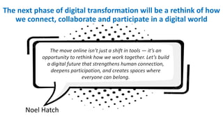 The next phase of digital transformation will be a rethink of how
we connect, collaborate and participate in a digital world
Noel Hatch
The move online isn’t just a shift in tools — it’s an
opportunity to rethink how we work together. Let’s build
a digital future that strengthens human connection,
deepens participation, and creates spaces where
everyone can belong.
 