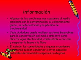 información Algunos de los problemas que causamos al medio ambiente son la contaminación, el calentamiento global, la deforestación y la pérdida de biodiversidad Cada ciudadano puede realizar acciones favorables para la conservación del medio ambiente como ahorrar:agua electricidad, combustible o reciclar y respetar la fauna y la flora El estado, las comunidades y algunos organismos  de interés pueden conservar ciertos espacios naturales declarándolos espacios protegidos 
