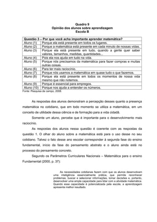 Quadro 9
Opinião dos alunos sobre aprendizagem
Escola B
Questão 3 – Por que você acha importante aprender matemática?
Aluno (1) Porque ela está presente em todos os lugares.
Aluno (2) Porque a matemática está presente em cada minuto de nossas vidas.
Aluno (3) Porque ela está presente em tudo, quando a gente quer saber
valores, tamanhos, medidas, quantidades...
Aluno (4) Pois ela nos ajuda em tudo na vida.
Aluno (5) Porque nós precisamos da matemática para fazer compras e muitas
outras coisas.
Aluno (6) Para ter mais raciocínio.
Aluno (7) Porque nós usamos a matemática em quase tudo o que fazemos.
Aluno (8) Porque ela está presente em todos os momentos de nossa vida
mesmo que não notemos.
Aluno (9) Porque é essencial para empregos.
Aluno (10) Porque nos ajuda a entender os números.
Fonte: Pesquisa de campo, 2008.
As respostas dos alunos demonstram a percepção desses quanto a presença
matemática no cotidiano, que em todo momento se utiliza a matemática, em um
conceito de utilidade dessa ciência e de formação para a vida cidadã.
Somente um aluno, percebe que é importante para o desenvolvimento mais
raciocínio.
As respostas dos alunos nessa questão é coerente com as respostas da
questão 1. O olhar do aluno sobre a matemática está para o uso desse no seu
cotidiano. Talvez o fato desse ano escolar corresponder à segunda fase do ensino
fundamental, início da fase do pensamento abstrato e o aluno ainda está no
processo do pensamento concreto.
Segundo os Parâmetros Curriculares Nacionais – Matemática para o ensino
Fundamental (2000, p. 37):
As necessidades cotidianas fazem com que os alunos desenvolvam
uma inteligência essencialmente prática, que permite reconhecer
problemas, buscar e selecionar informações, tomar decisões e, portanto,
desenvolver uma ampla capacidade para lidar com a atividade matemática.
Quando essa capacidade é potencializada pela escola, a aprendizagem
apresenta melhor resultado.
 