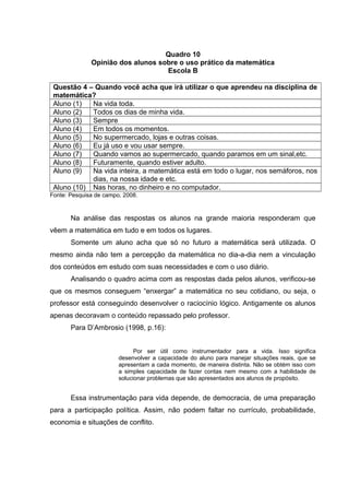 Quadro 10
Opinião dos alunos sobre o uso prático da matemática
Escola B
Questão 4 – Quando você acha que irá utilizar o que aprendeu na disciplina de
matemática?
Aluno (1) Na vida toda.
Aluno (2) Todos os dias de minha vida.
Aluno (3) Sempre
Aluno (4) Em todos os momentos.
Aluno (5) No supermercado, lojas e outras coisas.
Aluno (6) Eu já uso e vou usar sempre.
Aluno (7) Quando vamos ao supermercado, quando paramos em um sinal,etc.
Aluno (8) Futuramente, quando estiver adulto.
Aluno (9) Na vida inteira, a matemática está em todo o lugar, nos semáforos, nos
dias, na nossa idade e etc.
Aluno (10) Nas horas, no dinheiro e no computador.
Fonte: Pesquisa de campo, 2008.
Na análise das respostas os alunos na grande maioria responderam que
vêem a matemática em tudo e em todos os lugares.
Somente um aluno acha que só no futuro a matemática será utilizada. O
mesmo ainda não tem a percepção da matemática no dia-a-dia nem a vinculação
dos conteúdos em estudo com suas necessidades e com o uso diário.
Analisando o quadro acima com as respostas dada pelos alunos, verificou-se
que os mesmos conseguem “enxergar” a matemática no seu cotidiano, ou seja, o
professor está conseguindo desenvolver o raciocínio lógico. Antigamente os alunos
apenas decoravam o conteúdo repassado pelo professor.
Para D’Ambrosio (1998, p.16):
Por ser útil como instrumentador para a vida. Isso significa
desenvolver a capacidade do aluno para manejar situações reais, que se
apresentam a cada momento, de maneira distinta. Não se obtém isso com
a simples capacidade de fazer contas nem mesmo com a habilidade de
solucionar problemas que são apresentados aos alunos de propósito.
Essa instrumentação para vida depende, de democracia, de uma preparação
para a participação política. Assim, não podem faltar no currículo, probabilidade,
economia e situações de conflito.
 