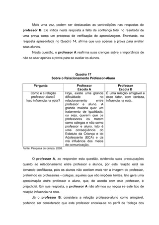 Mais uma vez, podem ser destacadas as contradições nas respostas do
professor B. Ele indica nesta resposta a falta de confiança total no resultado de
uma prova como um processo de verificação de aprendizagem. Entretanto, na
resposta apresentada no Quadro 14, afirma que usa apenas a prova para avaliar
seus alunos.
Nesta questão, o professor A reafirma suas crenças sobre a importância de
não se usar apenas a prova para se avaliar os alunos.
Quadro 17
Sobre o Relacionamento Professor-Aluno
Pergunta Professor
Escola A
Professor
Escola B
Como é a relação
professor-aluno?
Isso influencia na nota?
Hoje, existe uma grande
dificuldade no
relacionamento entre
professor e aluno. A
grande maioria quer um
tratamento de igualdade,
ou seja, querem que os
professores os tratem
como colegas e não como
professor e aluno. Isto é
uma conseqüência do
Estatuto da Criança e do
Adolescente (ECA) e da
má influência dos meios
de comunicação.
É uma relação amigável e
esse fator, com certeza,
influencia na nota.
Fonte: Pesquisa de campo, 2008.
O professor A, ao responder esta questão, evidencia suas preocupações
quanto ao relacionamento entre professor e alunos, por esta relação está se
tornando conflituosa, pois os alunos não aceitam mais ver a imagem do professor,
preferindo os professores - colegas, aqueles que não impõem limites. Isto gera uma
aproximação entre professor e aluno, que, de acordo com este professor, é
prejudicial. Em sua resposta, o professor A não afirmou ou negou se este tipo de
relação influencia na nota.
Já o professor B, considera a relação professor-aluno como amigável,
podendo ser considerado que este professor encaixa-se no perfil de “colega dos
 