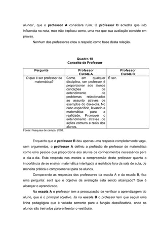alunos”, que o professor A considera ruim. O professor B acredita que isto
influencia na nota, mas não explicou como, uma vez que sua avaliação consiste em
provas.
Nenhum dos professores citou o respeito como base desta relação.
Quadro 18
Conceito de Professor
Pergunta Professor
Escola A
Professor
Escola B
O que é ser professor de
matemática?
Como em qualquer
disciplina, ser professor é
proporcionar aos alunos
condições de
entendimento de
problemas relacionados
ao assunto através de
exemplos do dia-a-dia. No
caso específico, levando a
matemática para a
realidade. Promover o
entendimento através de
ações comuns e reais dos
alunos.
É ser.
Fonte: Pesquisa de campo, 2008.
Enquanto que o professor B deu apenas uma resposta completamente vaga,
sem argumentos, o professor A definiu a profissão de professor de matemática
como uma pessoa que proporciona aos alunos os conhecimentos necessários para
o dia-a-dia. Esta resposta nos mostra a compreensão deste professor quanto a
importância de se ensinar matemática interligada a realidade fora da sala de aula, de
maneira prática e compreensível para os alunos.
Comparando as respostas dos professores da escola A e da escola B, fica
uma pergunta: será que o objetivo da avaliação está sendo alcançado? Que é
alcançar o aprendizado.
Na escola A o professor tem a preocupação de verificar a aprendizagem do
aluno, que é o principal objetivo. Já na escola B o professor tem que seguir uma
linha pedagógica que é voltada somente para a função classificatória, onde os
alunos são treinados para enfrentar o vestibular.
 
