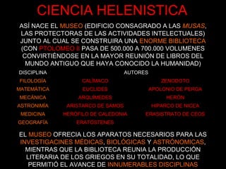 EL MUSEO OFRECIA LOS APARATOS NECESARIOS PARA LAS
INVESTIGACINES MÉDICAS, BIOLÓGICAS Y ASTRÓNOMICAS,
MIENTRAS QUE LA BIBLIOTECA REUNIA LA PRODUCCIÓN
LITERARIA DE LOS GRIEGOS EN SU TOTALIDAD, LO QUE
PERMITIÓ EL AVANCE DE INNUMERABLES DISCIPLINAS
DISCIPLINA AUTORES
FILOLOGÍA CALÍMACO ZENODOTO
MATEMÁTICA EUCLIDES APOLONIO DE PERGA
MECÁNICA ARQUÍMEDES HERÓN
ASTRONIMÍA ARISTARCO DE SAMOS HIPARCO DE NICEA
MEDICINA HERÓFILO DE CALEDONIA ERASISTRATO DE CEOS
GEOGRAFÍA ERATÓSTENES
CIENCIA HELENISTICA
ASÍ NACE EL MUSEO (EDIFICIO CONSAGRADO A LAS MUSAS,
LAS PROTECTORAS DE LAS ACTIVIDADES INTELECTUALES)
JUNTO AL CUAL SE CONSTRUIRA UNA ENORME BIBLIOTECA
(CON PTOLOMEO II PASA DE 500.000 A 700.000 VOLUMENES
CONVIRTIÉNDOSE EN LA MAYOR REUNIÓN DE LIBROS DEL
MUNDO ANTIGUO QUE HAYA CONOCIDO LA HUMANIDAD)
 