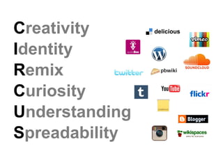 Creativity
Identity
Remix
Curiosity
Understanding
Spreadability
 