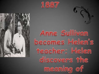 1887Anne Sullivan becomes Helen’s teacher; Helen discovers the meaning of language at the water pump.