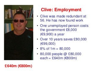 Clive: Employment
                • Clive was made redundant at
                  56. He has now found work
              ...