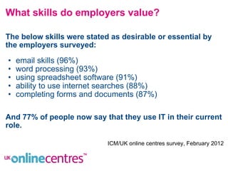 What skills do employers value? <ul><li>The below skills were stated as desirable or essential by the employers surveyed: ...
