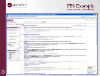 Challenges (continued)Lack of data standardizationEach source has a unique access method & needs translationMetadata mapping between FSS and underlying systemsAccess methods to sources may changeRequires an interface rewrite or modification Rules for error handling Ex. Query term not available—exclude the query, the repository, or proceed without the term?Ex. Timeouts or connection problem Complex searches usually not availableFielded searches
