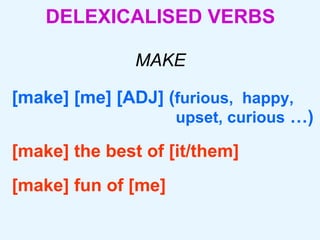 DELEXICALISED VERBS   MAKE [make] [me] [ADJ] ( furious,  happy,  upset, curious   …) [make] the best of [it/them] [make] fun of [me] 