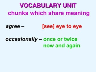 VOCABULARY UNIT   chunks which share meaning   agree   –   [see] eye to eye o ccasionally  –  once or twice    now and again 